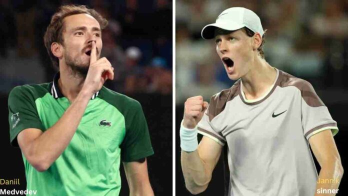 Daniil Medvedev on the left and Jannik Sinner on the right, two tennis titans ready to battle in the 2024 Australian Open Men's Singles Final.