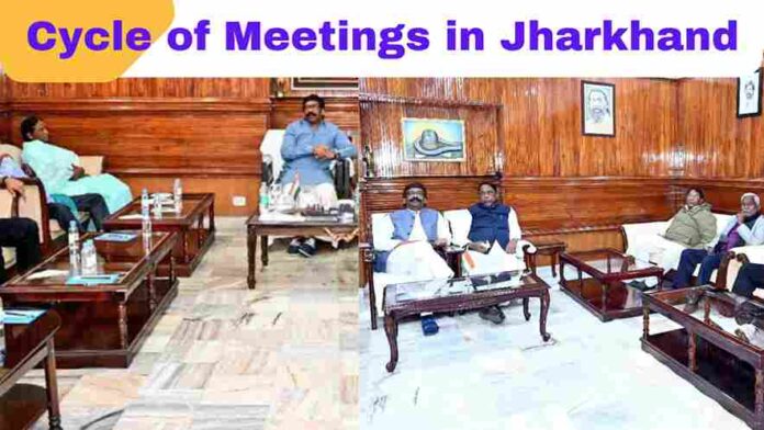 Hemant Soren, Chief Minister of Jharkhand, seen engaging in a series of meetings with alliance leaders and MLAs in Ranchi.