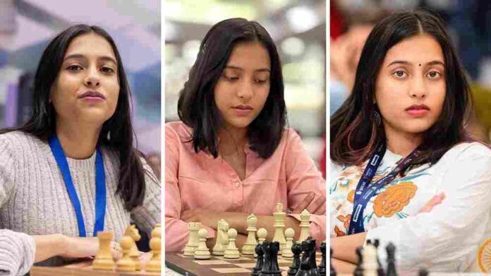 Divya Deshmukh seated in front of a chessboard, demonstrating her prowess in the game.