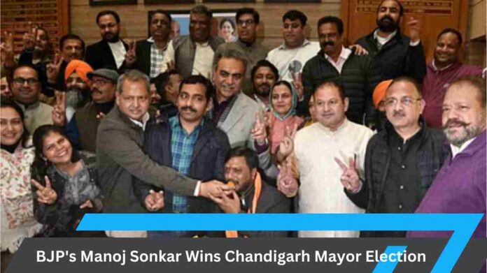 Manoj Sonkar celebrating his victory in the Chandigarh mayor election