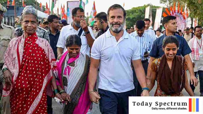 Rahul Gandhi walking with people during Bharat Jodo Nyay Yatra.