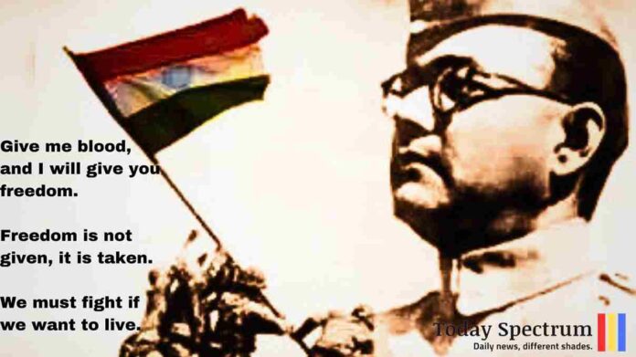 Image of Netaji Subhas Chandra Bose in his iconic attire with quotes: 