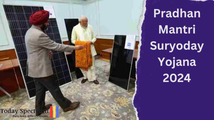 A government official, showing solar panels to Prime Minister Modi, with 'Pradhan Mantri Suryoday Yojana 2024' text displayed on the side.