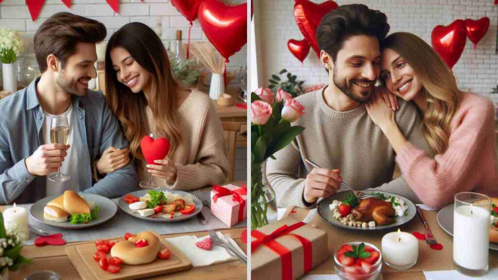 Couples enjoying a home-cooked dinner for Valentine's Day.
