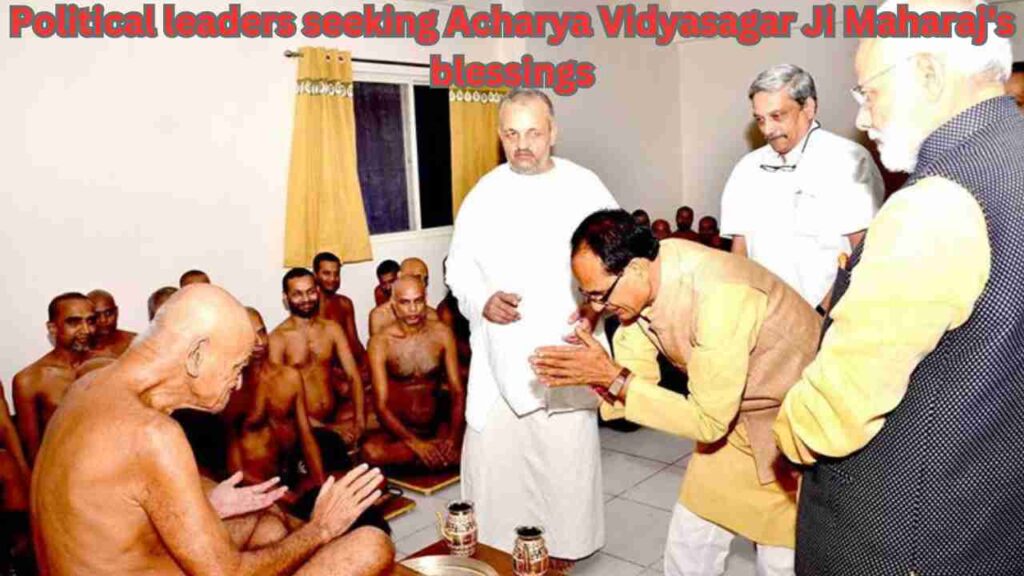 Former Chief Ministers Shivraj Singh, PM Modi, and late CM of Goa Manohar Parrikar seeking Acharya Vidyasagar Ji Maharaj's blessings