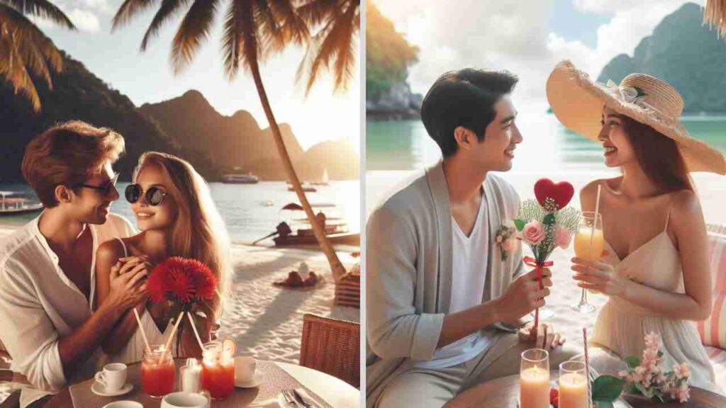 Couples enjoying a romantic beach getaway on Valentine's Day.