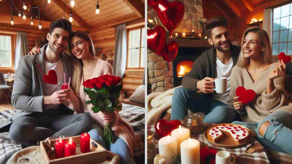 Couples cozying up in a cabin retreat for Valentine's Day.
 