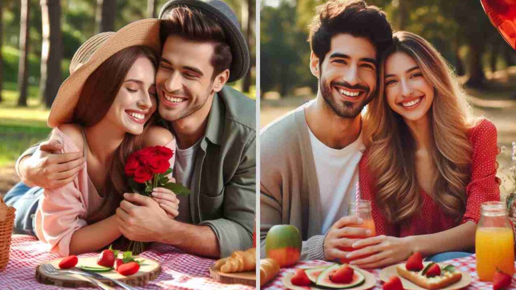 Couples enjoying a picnic in the park on Valentine's Day.
