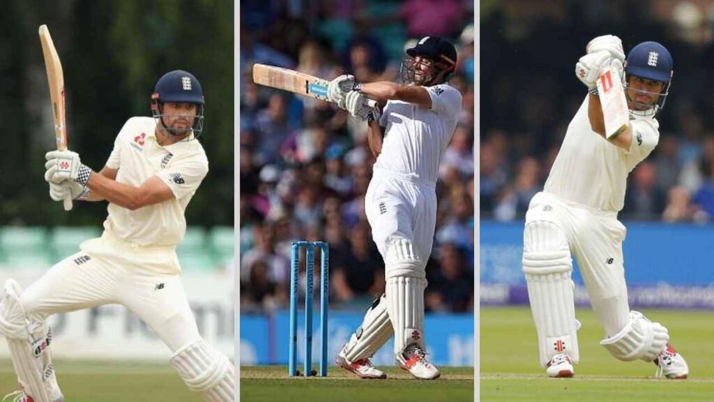 Alastair Cook demonstrating various cricket shots during a match.