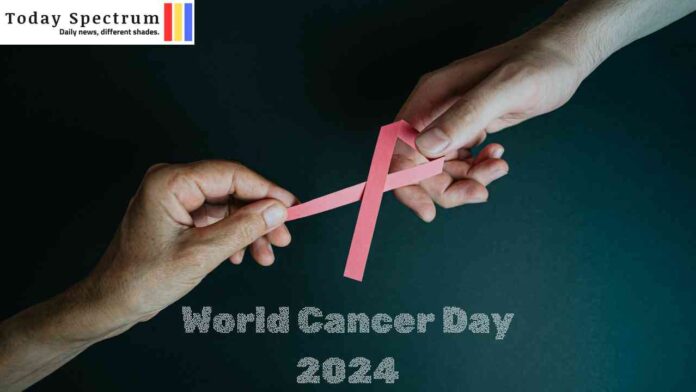 Two hands cradling a stylized ribbon emblem for World Cancer Day 2024