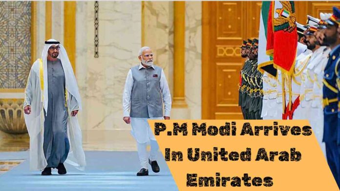 Prime Minister Shri Narendra Modi greeted by President Sheikh Mohamed bin Zayed Al Nahyan upon arrival in Abu Dhabi for official visit to UAE.