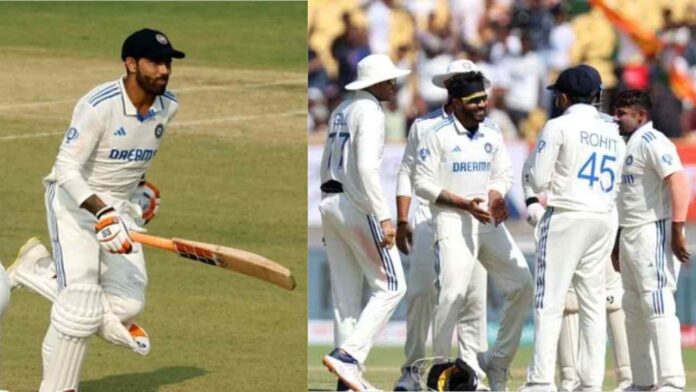 Indian cricket team celebrates after taking a wicket, Ravindra Jadeja batting on the left in India's monumental victory in the 3rd India vs England Test