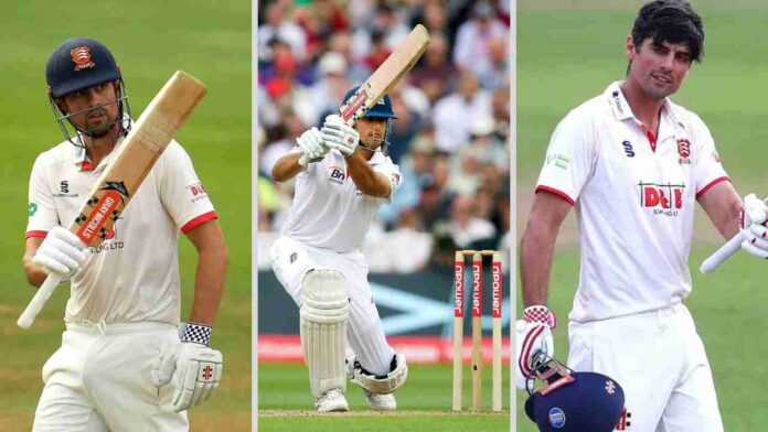 Alastair Cook engaging with the crowd during a cricket match, showcasing his batting skills and celebrating a half-century milestone.