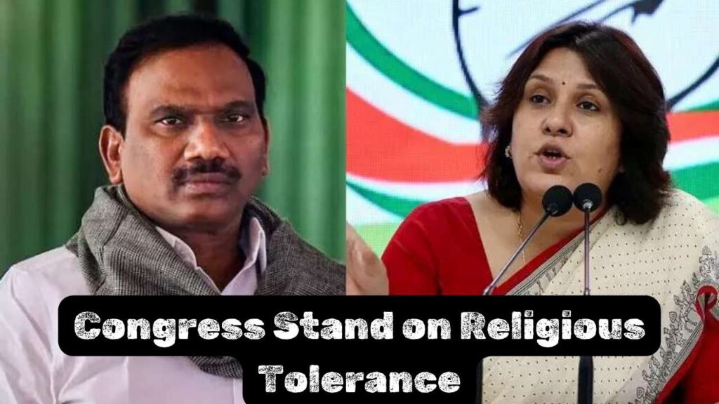 A grid image featuring A Raja and Supriya Shrinate, with the text "Congress Stand on Religious Tolerance"