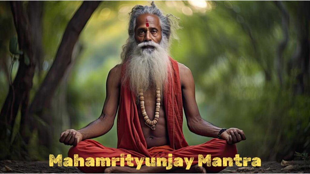 An image of a monk sitting and chanting the Mahamrityunjay Mantra.