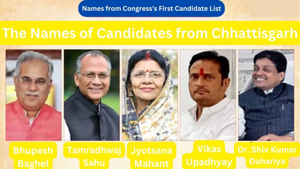 Grid image featuring Bhupesh Baghel, Tamradhwaj Sahu, Jyotsana Mahant, Vikas Upadhyay and Dr. Shiv Kumar Dahariya, with the text "The Names of Candidates from Chhattisgarh