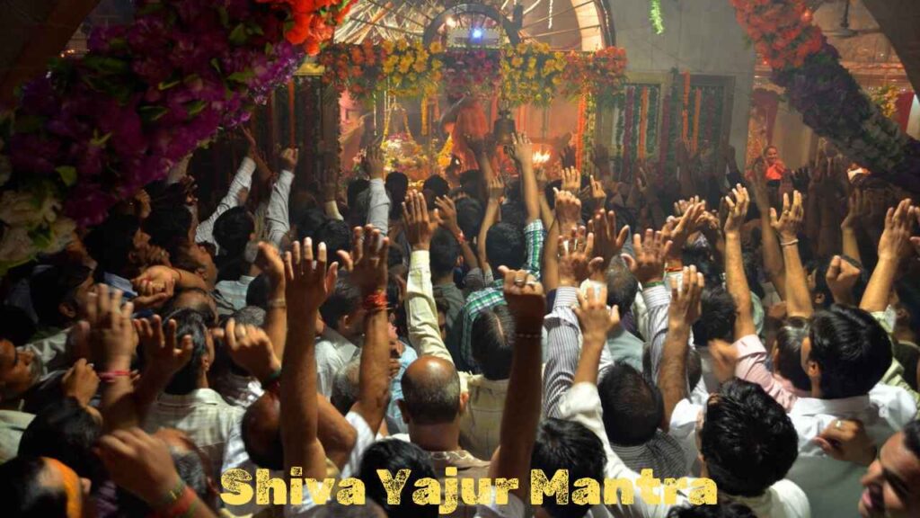 A group of people sitting in a Shiva temple, chanting the Shiva Yajur Mantra.