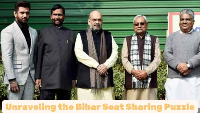 Amit Shah and Nitish Kumar discussing Bihar seat sharing with party members.